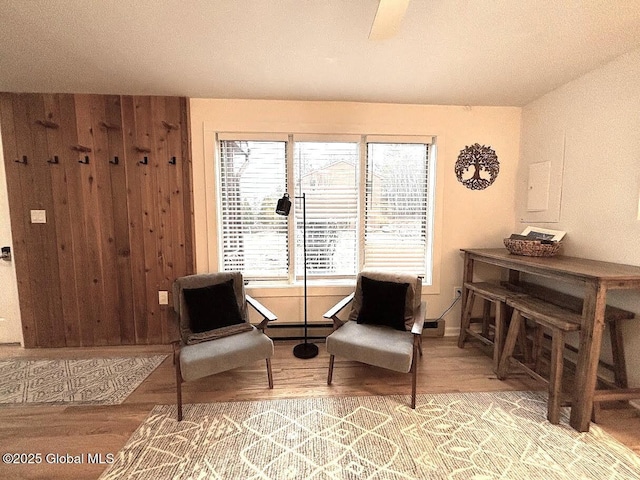 living area with wood walls and wood finished floors