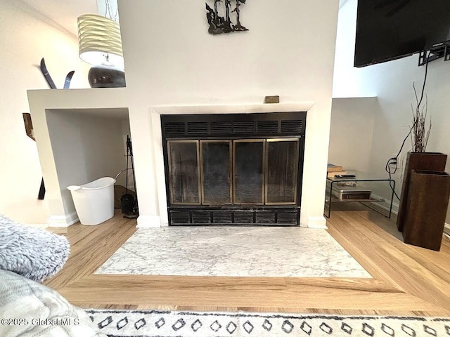 room details featuring baseboards, wood finished floors, and a glass covered fireplace