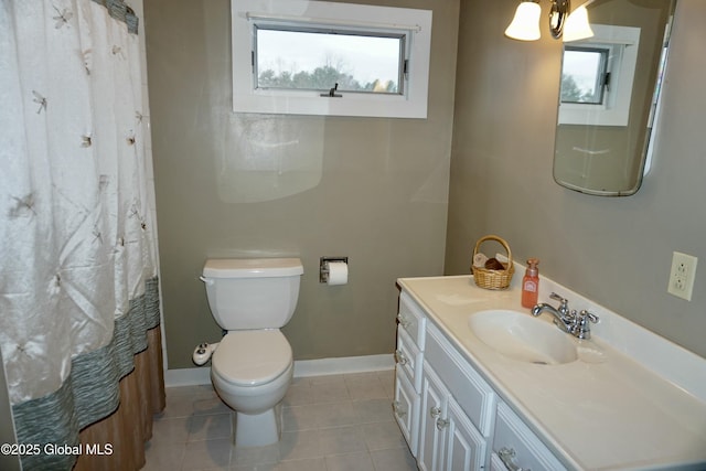 401 S 1st St, Northville, NY 12134 - full bathroom featuring tile patterned floors, toilet, baseboards, curtained shower, and vanity