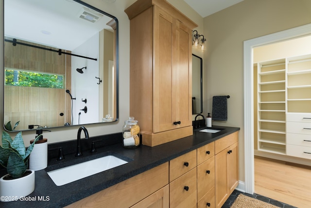 bathroom with visible vents, double vanity, a spacious closet, and a sink