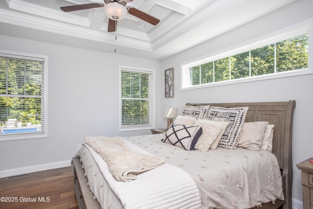 bedroom featuring ornamental molding, baseboards, ceiling fan, dark wood-style floors, and coffered ceiling