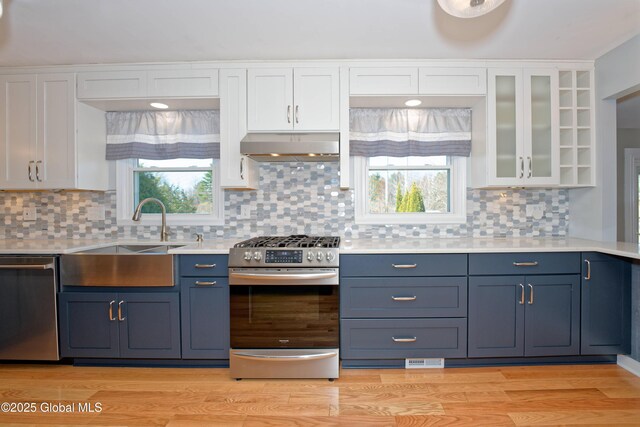 87 Dorchester Ave, Bethlehem, NY 12158 - kitchen with a sink, stainless steel appliances, light countertops, white cabinets, and under cabinet range hood