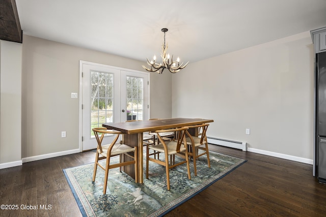 214 Vosenkill Rd, Athens, NY 12015 - dining area featuring baseboard heating, baseboards, an inviting chandelier, and french doors