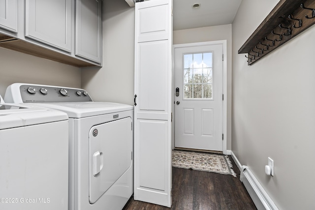 214 Vosenkill Rd, Athens, NY 12015 - laundry room featuring a baseboard heating unit, cabinet space, washing machine and clothes dryer, baseboards, and dark wood finished floors