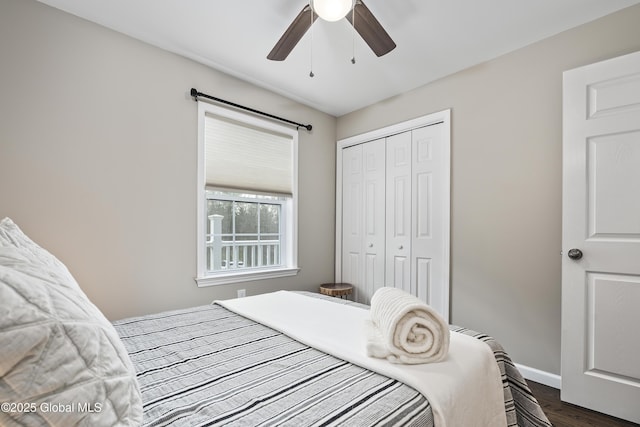 214 Vosenkill Rd, Athens, NY 12015 - bedroom featuring dark wood finished floors, baseboards, a ceiling fan, and a closet