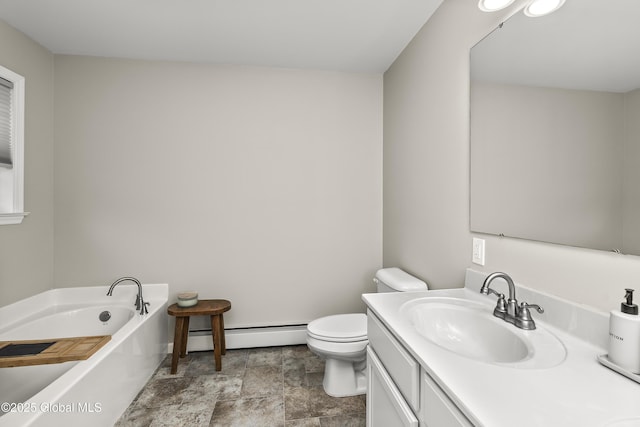 214 Vosenkill Rd, Athens, NY 12015 - full bathroom with vanity, a bath, toilet, stone finish floor, and a baseboard radiator