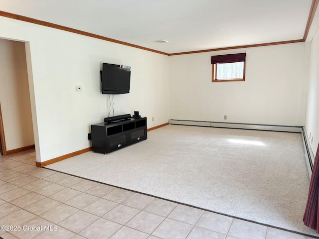 unfurnished living room featuring baseboards, visible vents, light carpet, and crown molding