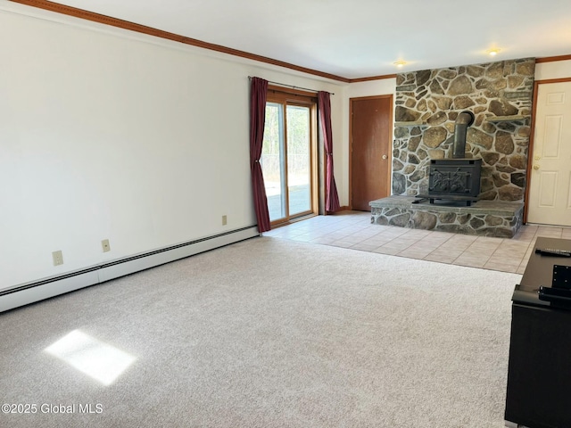 unfurnished living room featuring crown molding, a wood stove, a baseboard radiator, carpet floors, and tile patterned floors