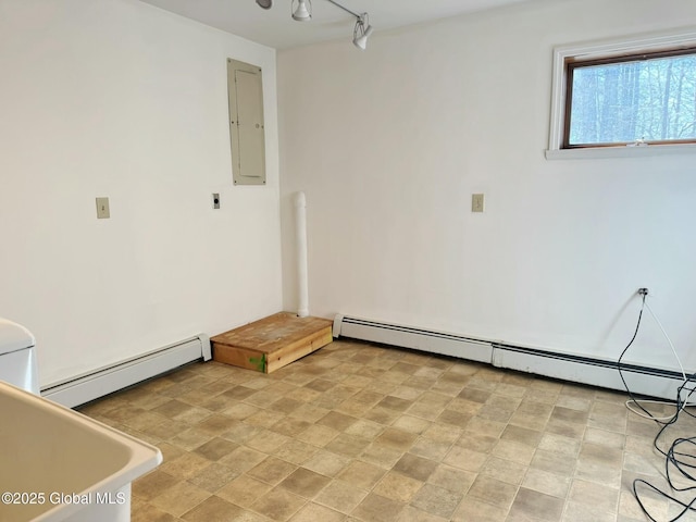 spare room featuring a baseboard heating unit and electric panel
