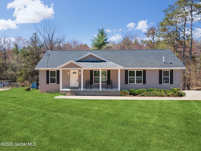 152 Ingersoll Rd, Wilton, NY 12866 - ranch-style home with covered porch, a front yard, and a shingled roof