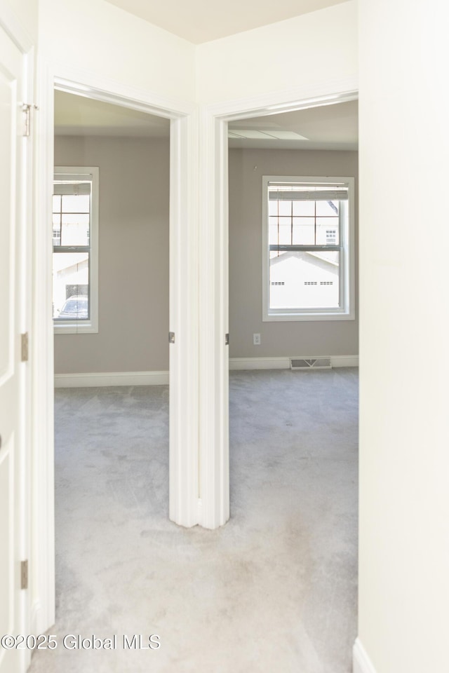 hallway featuring carpet flooring, healthy amount of natural light, and baseboards