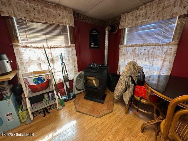 interior space with a wood stove and wood finished floors