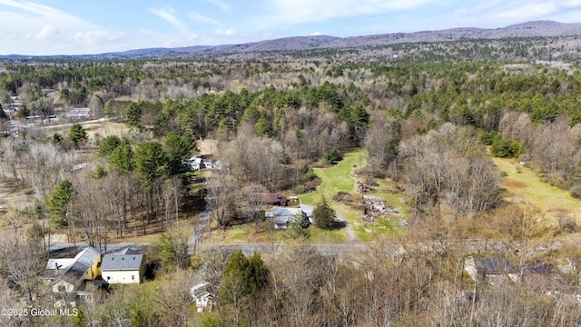 drone / aerial view featuring a view of trees and a mountain view