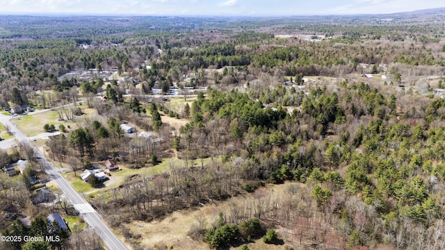 bird's eye view with a wooded view
