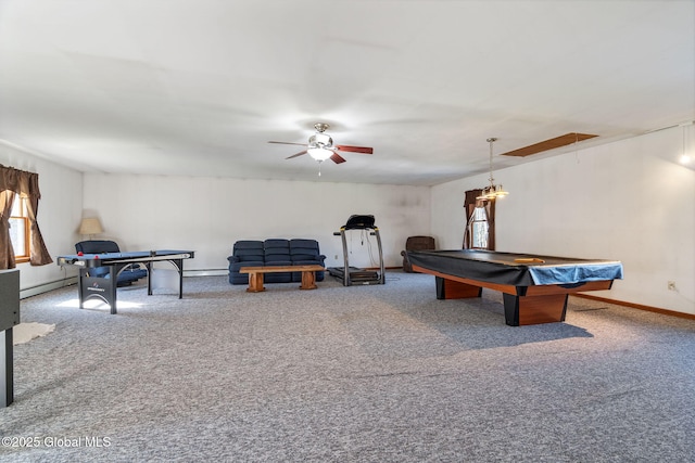230 Zicha Rd, Esperance, NY 12092 - playroom with billiards, a ceiling fan, a baseboard heating unit, and carpet flooring
