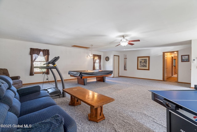 230 Zicha Rd, Esperance, NY 12092 - game room with carpet flooring, a ceiling fan, pool table, and baseboards