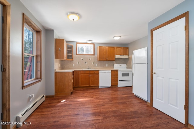 230 Zicha Rd, Esperance, NY 12092 - kitchen with baseboard heating, a sink, under cabinet range hood, white appliances, and dark wood-type flooring