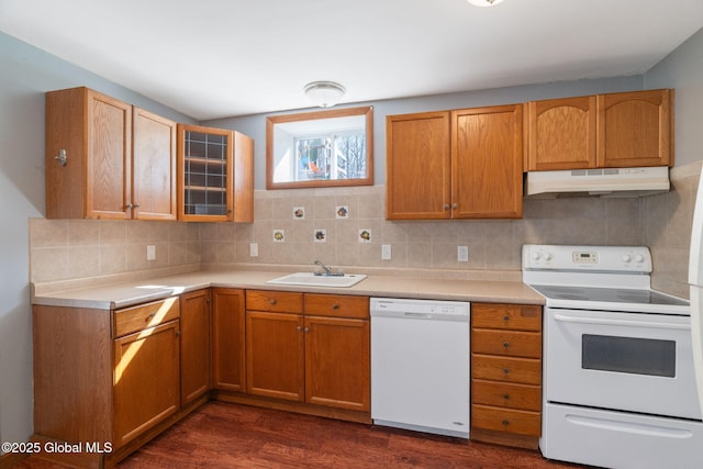 230 Zicha Rd, Esperance, NY 12092 - kitchen featuring tasteful backsplash, dark wood finished floors, a sink, under cabinet range hood, and white appliances