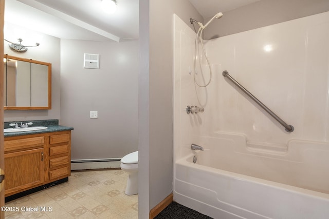 230 Zicha Rd, Esperance, NY 12092 - bathroom with shower / bath combination, visible vents, vanity, a baseboard radiator, and toilet