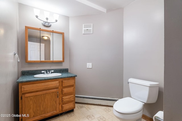 230 Zicha Rd, Esperance, NY 12092 - bathroom featuring visible vents, vanity, toilet, tile patterned floors, and a baseboard heating unit