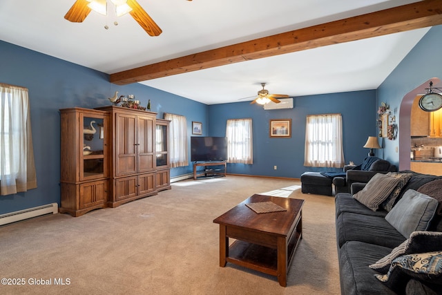 230 Zicha Rd, Esperance, NY 12092 - living room with a ceiling fan, beamed ceiling, light colored carpet, and arched walkways