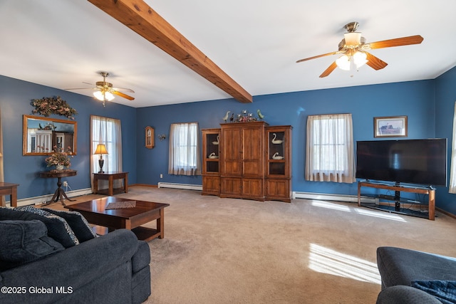 230 Zicha Rd, Esperance, NY 12092 - living room with light colored carpet, beam ceiling, a ceiling fan, baseboards, and a baseboard heating unit