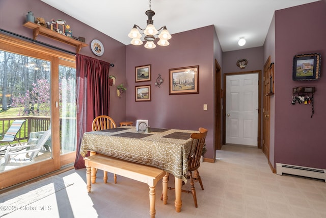 230 Zicha Rd, Esperance, NY 12092 - dining room featuring baseboards, light floors, a notable chandelier, and baseboard heating