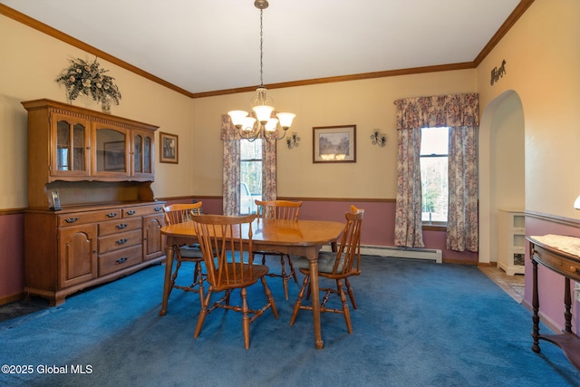 230 Zicha Rd, Esperance, NY 12092 - dining space with an inviting chandelier, crown molding, a baseboard heating unit, and dark colored carpet
