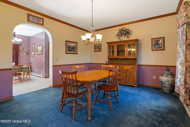 230 Zicha Rd, Esperance, NY 12092 - dining area featuring arched walkways, an inviting chandelier, carpet, and a baseboard radiator