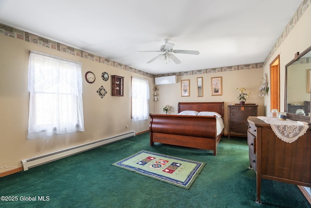 230 Zicha Rd, Esperance, NY 12092 - bedroom featuring a ceiling fan, a wall unit AC, baseboard heating, and dark carpet