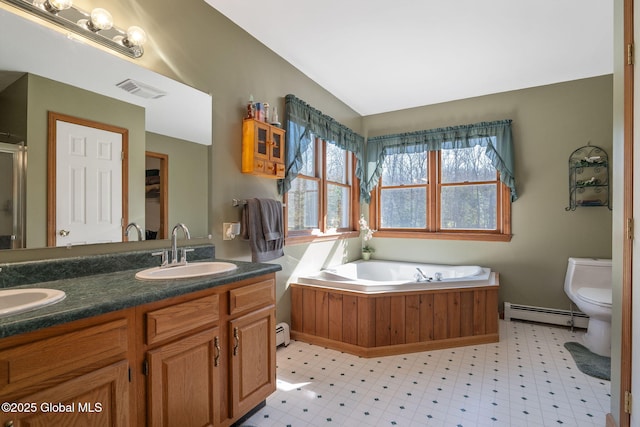 230 Zicha Rd, Esperance, NY 12092 - bathroom featuring visible vents, a sink, a baseboard heating unit, and tile patterned floors