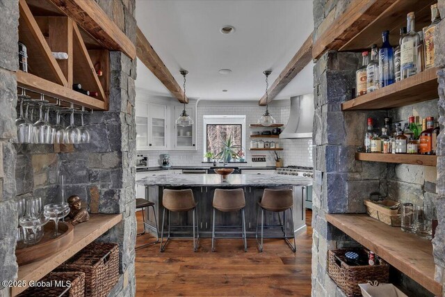 1 Joshua Rd, Saratoga Springs, NY 12866 - kitchen with open shelves, tasteful backsplash, wall chimney exhaust hood, and white cabinetry