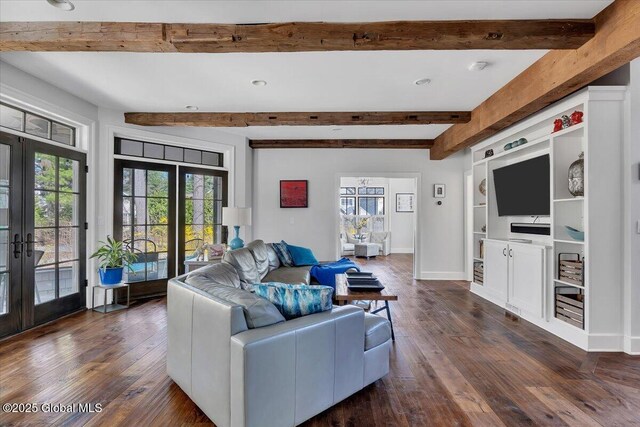 1 Joshua Rd, Saratoga Springs, NY 12866 - living room featuring french doors, beamed ceiling, baseboards, built in shelves, and dark wood-style flooring