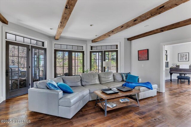 1 Joshua Rd, Saratoga Springs, NY 12866 - living room with french doors, beam ceiling, and dark wood finished floors