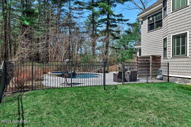 1 Joshua Rd, Saratoga Springs, NY 12866 - view of yard featuring a patio, central air condition unit, a fenced in pool, and a fenced backyard
