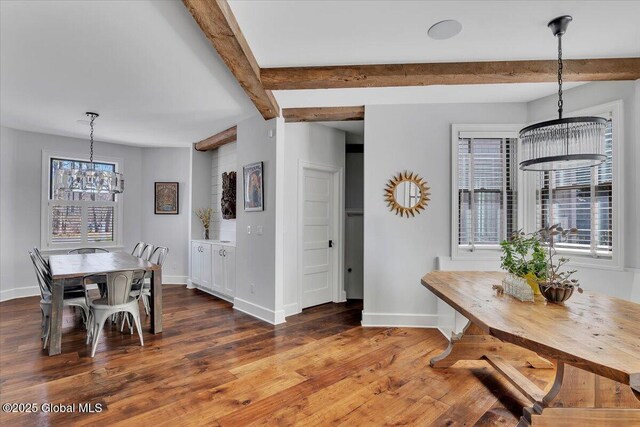 1 Joshua Rd, Saratoga Springs, NY 12866 - dining area featuring baseboards, wood finished floors, beam ceiling, and a chandelier