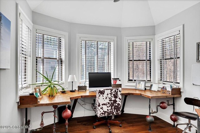 1 Joshua Rd, Saratoga Springs, NY 12866 - home office featuring baseboards, wood finished floors, and vaulted ceiling