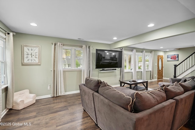 1094 Deforest St, Rotterdam, NY 12303 - living room featuring baseboards, stairway, dark wood finished floors, recessed lighting, and healthy amount of natural light