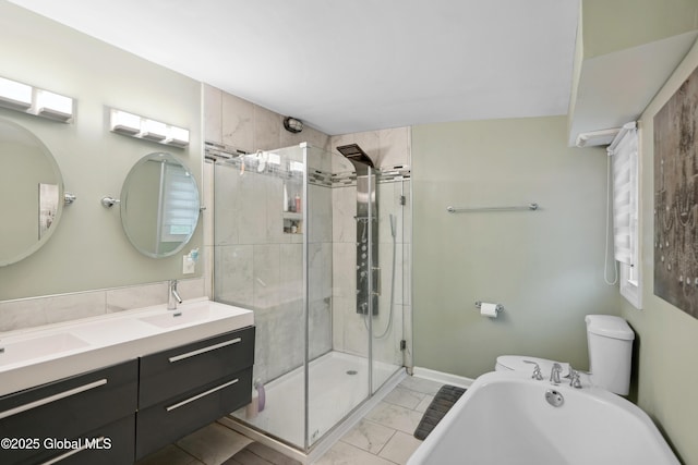 1094 Deforest St, Rotterdam, NY 12303 - bathroom featuring a shower stall, toilet, a soaking tub, marble look tiles, and double vanity