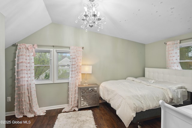 1094 Deforest St, Rotterdam, NY 12303 - bedroom featuring a chandelier, wood finished floors, vaulted ceiling, and baseboards