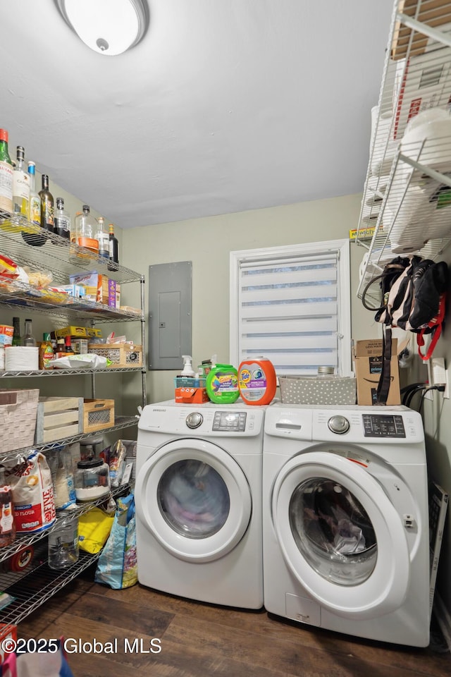1094 Deforest St, Rotterdam, NY 12303 - laundry room featuring electric panel, washer and dryer, and wood finished floors