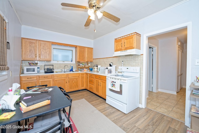 1823 8th St, Rensselaer, NY 12144 - kitchen with under cabinet range hood, light countertops, a sink, white appliances, and tasteful backsplash