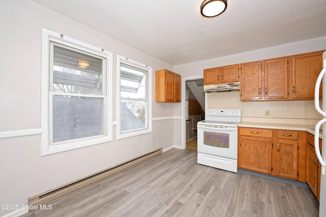 1823 8th St, Rensselaer, NY 12144 - kitchen featuring electric stove, a baseboard heating unit, light wood-style floors, light countertops, and under cabinet range hood