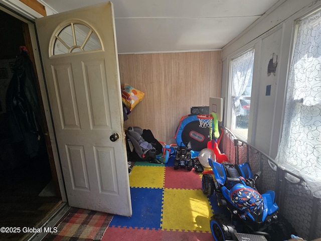 rec room with wooden walls