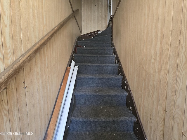 stairway with wooden walls and carpet