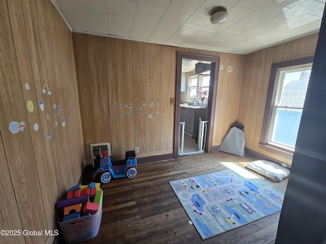 interior space with wooden walls, a sink, and wood-type flooring
