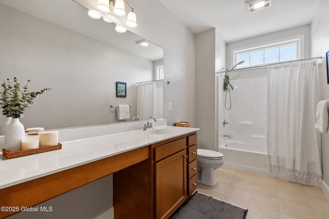 6 Gorsline Dr, Halfmoon, NY 12118 - bathroom featuring tile patterned floors, vanity, shower / bathtub combination with curtain, toilet, and visible vents
