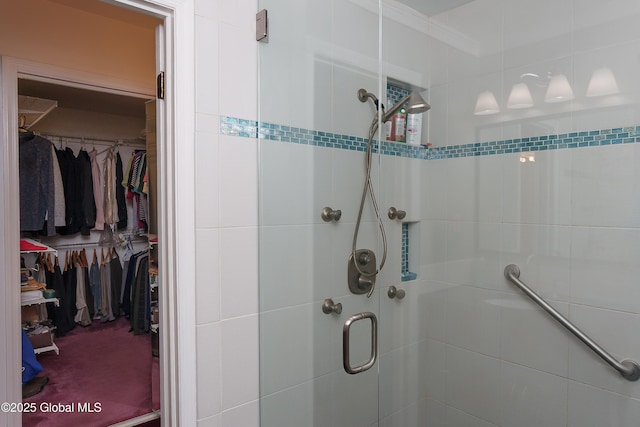 bathroom with a spacious closet and a shower stall
