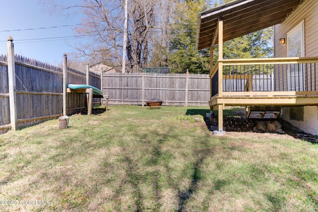 view of yard featuring a fenced backyard and a deck