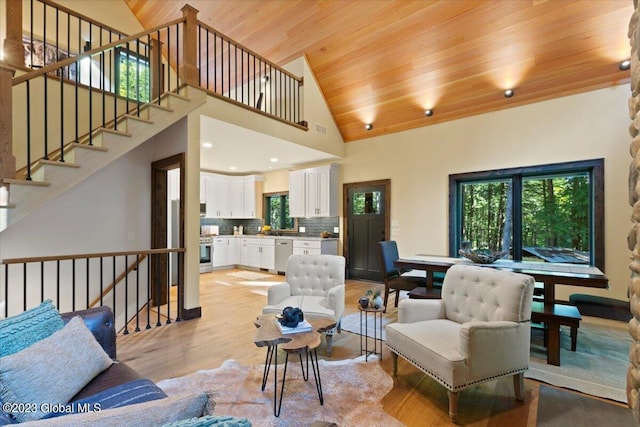 1181 Hunt Lake Rd Unit N, Corinth, NY 12822 - living area featuring wood ceiling, recessed lighting, light wood-type flooring, and plenty of natural light